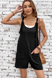 Black Adjustable Straps Pocketed Textured Romper | Bottoms/Jumpsuits & Rompers