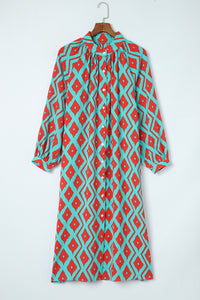 Shirt Dress | Sky Blue Western Geometric Print Split Buttoned