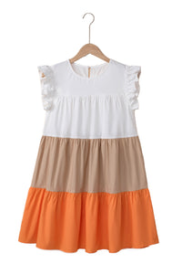 Cap Sleeve Dress | Apricot Color-Block Patchwork Ruffled Tiered