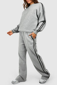 Light Grey Solid Color Side Striped Sweatshirt Active Set