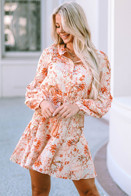 Orange Bubble Sleeve Cinched Waist Floral Dress | Dresses/Floral Dresses