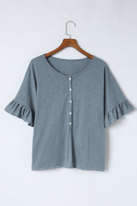 T Shirt | Gray Ruffled Half Sleeve Buttoned Loose