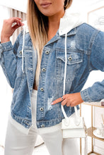 Load image into Gallery viewer, Sky Blue Distressed Contrast Hooded Denim Jacket with Pockets | Outerwear/Denim jackets
