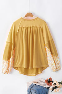 Beige Floral Colorblock Balloon Sleeve Exposed Seam Top | Tops/Long Sleeve Tops