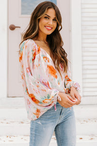 Womens Blouse | Multicolor Abstract Print Split Neck Puff Sleeve Blouse | Tops/Blouses & Shirts