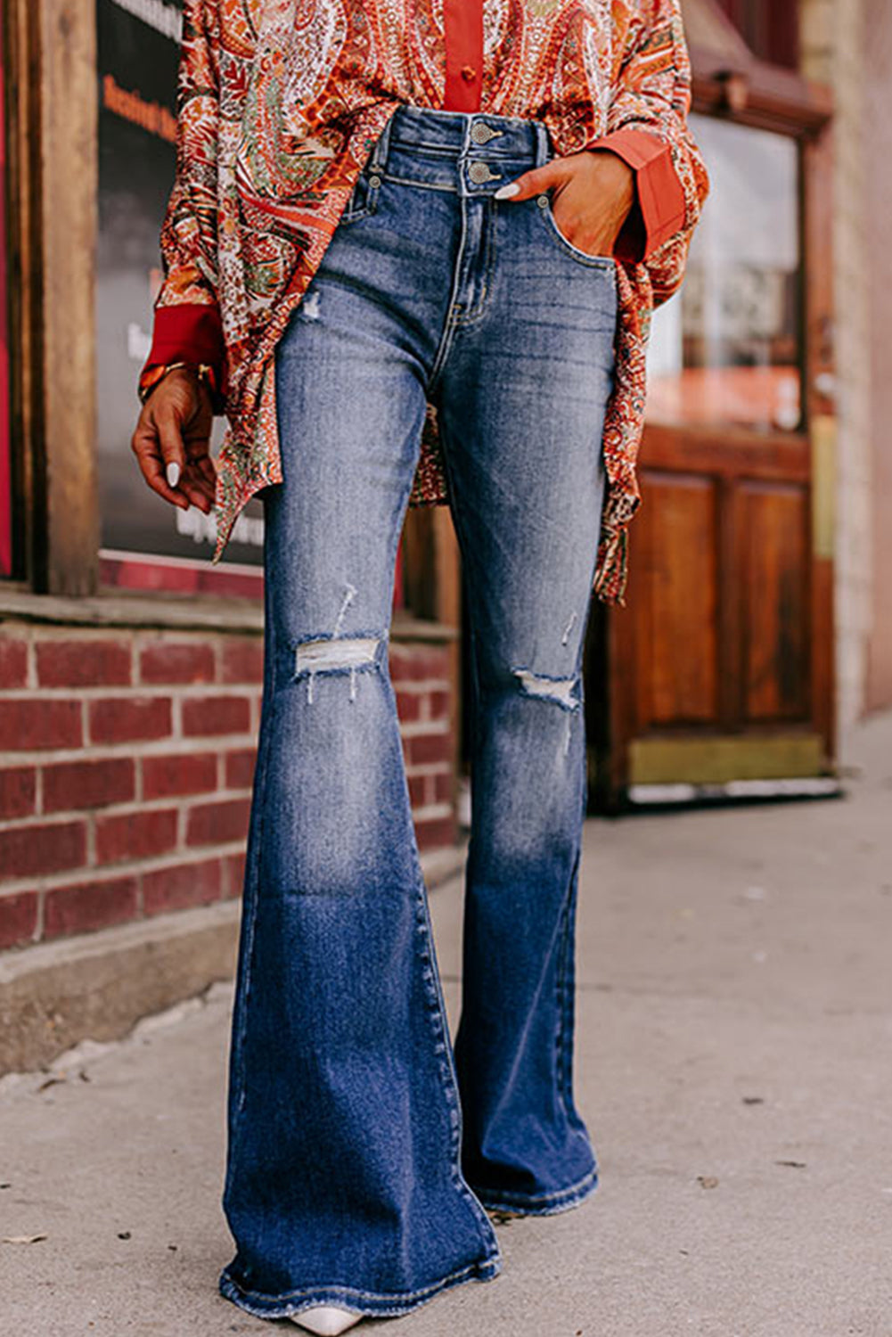 Sky Blue Button Fly Ripped High Waist Flare Jeans | Bottoms/Jeans