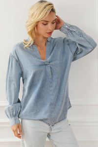 Sky Blue Split V-Neck Balloon Sleeve Ruched Denim Top | Tops/Blouses & Shirts