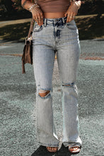 Load image into Gallery viewer, Light Blue Distressed Light Washed Slit Knee Flared Jeans | Bottoms/Jeans
