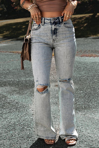 Light Blue Distressed Light Washed Slit Knee Flared Jeans | Bottoms/Jeans