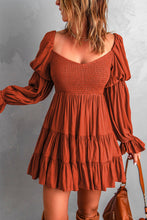 Load image into Gallery viewer, Brown Boho Solid Shirred Ruffle Mini Dress
