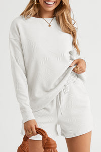 Drawstring Shorts Set | White Textured Long Sleeve Top