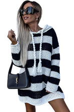 Load image into Gallery viewer, Black Striped Braided Tassel Hooded Sweater Dress | Dresses/Sweater Dresses
