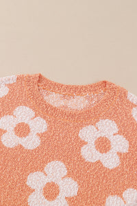 Grapefruit Orange Fuzzy Floral Knitted Drop Shoulder Sweater | Tops/Sweaters & Cardigans