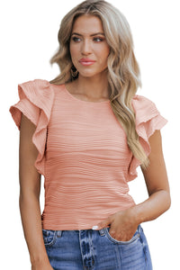 Ruffle Sleeve Top | Pink Apricot Pink Wavy Textured Blouse