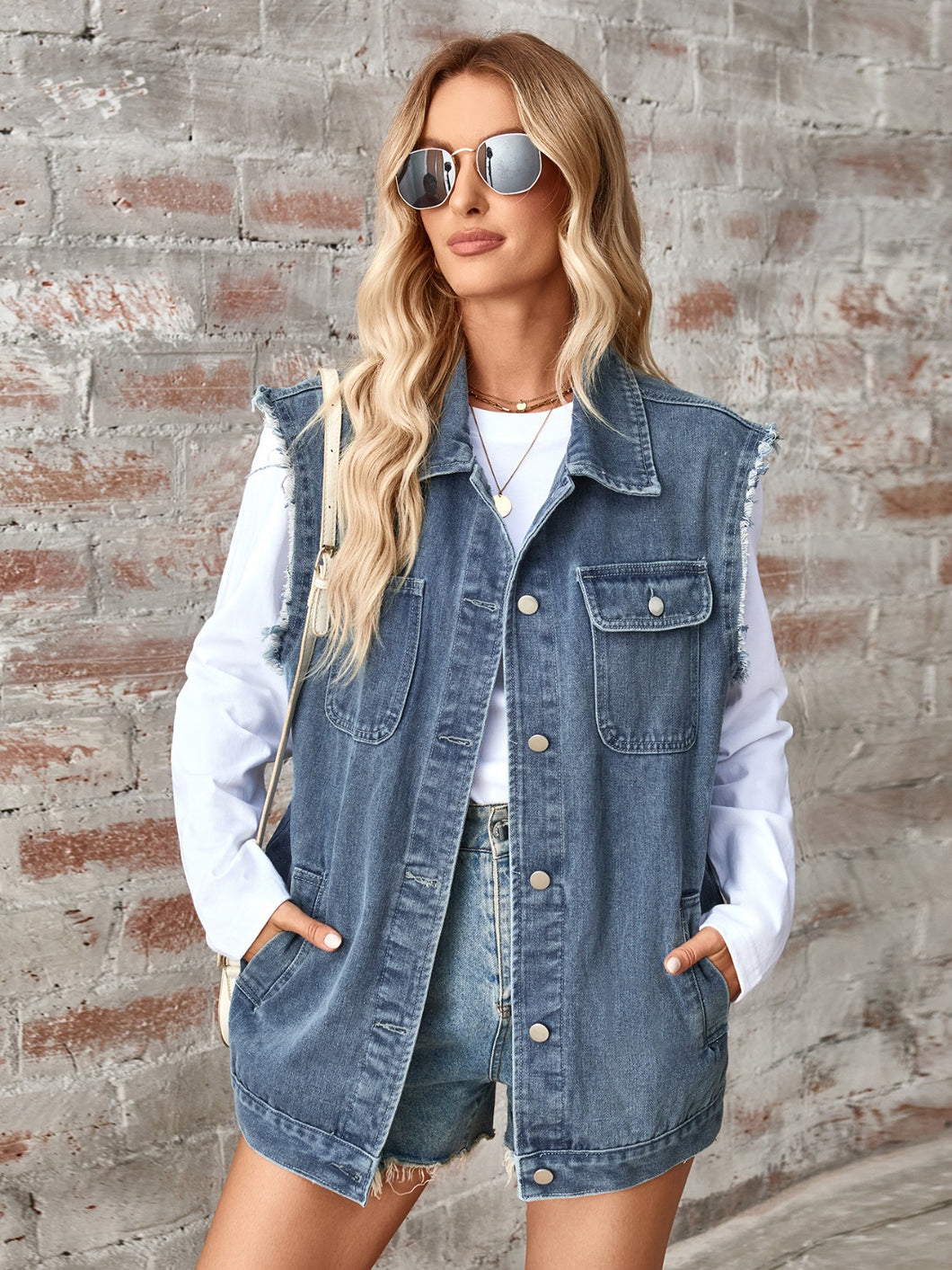 Denim Jacket | Raw Hem Sleeveless Button Up Jacket