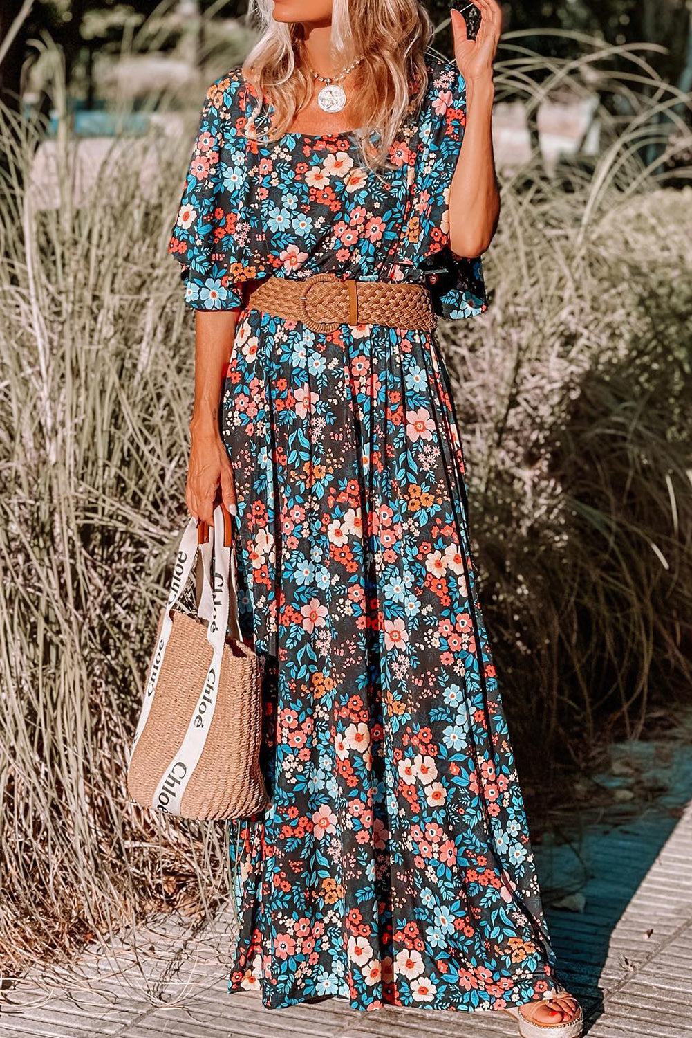 Sky Blue Floral Knotted Back Square Neck Maxi Dress | Dresses/Floral Dresses