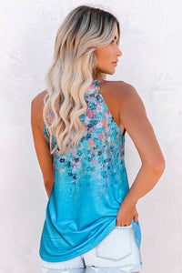 Blue Floral Print Halter Neck Tank Top | Tops/Tank Tops