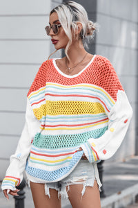 Multicolor Hollow Striped Knit Contrast Sleeve Sweater | Tops/Sweaters & Cardigans