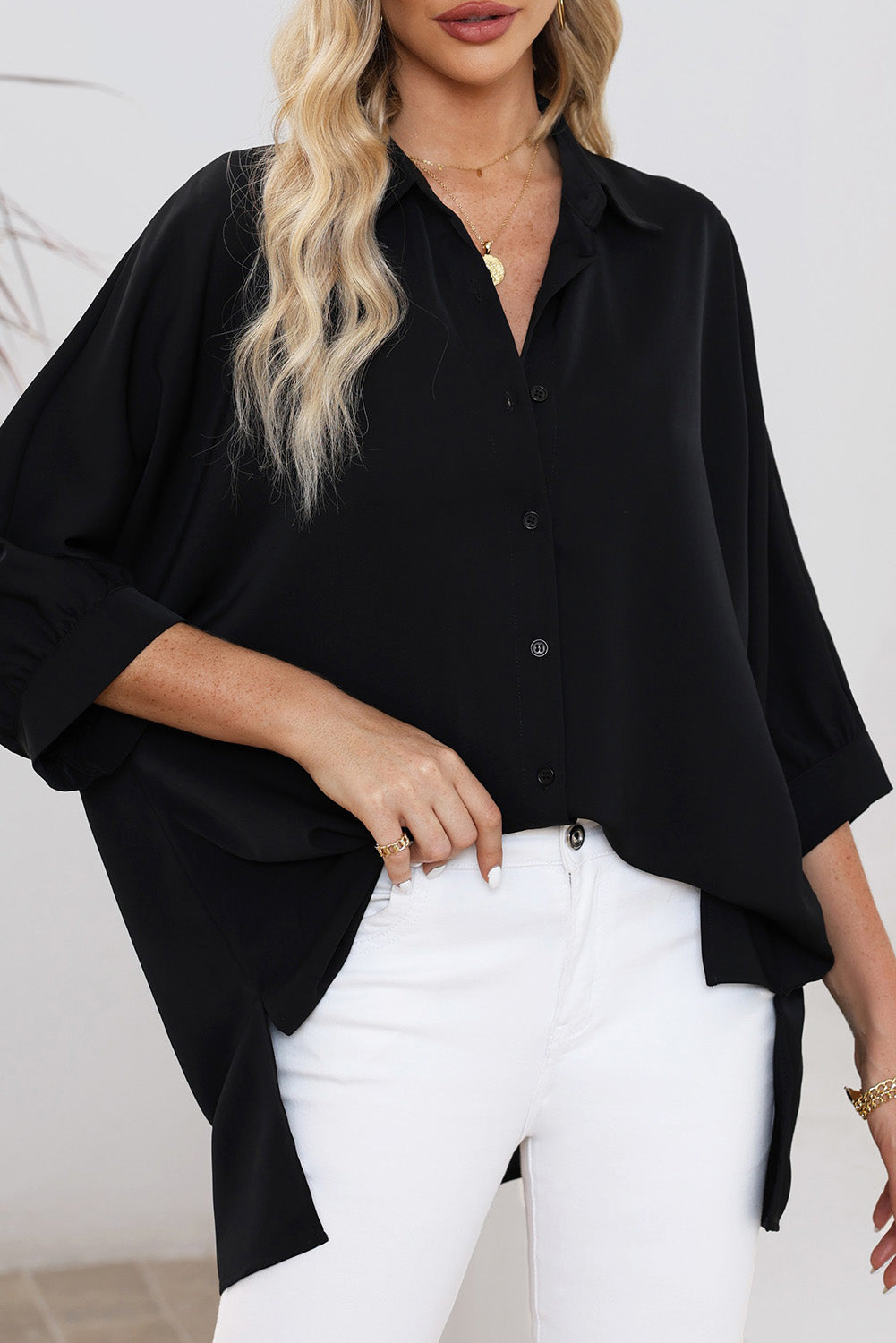 Black 3/4 Puff Sleeve Oversize Shirt | Tops/Blouses & Shirts