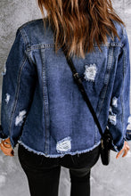 Load image into Gallery viewer, Blue Pattern Print Splicing Distressed Denim Jacket | Outerwear/Denim jackets
