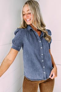 Denim Shirt | Blue Bubble Sleeve Button Up Top