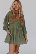 Load image into Gallery viewer, Green V Neck Puff Sleeve Frill Tiered Mini Dress | Dresses/Mini Dresses
