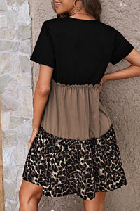 Light French Beige Leopard Print Colorblock Frill Trim T-shirt Dress | Dresses/T Shirt Dresses