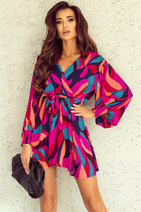 Fiery Red Abstract Printed Belted Puff Sleeve Mini Dress | Dresses/Mini Dresses