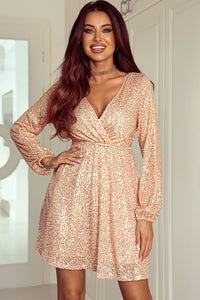 Sequin Dress | Apricot Wrapped V-neck Dress