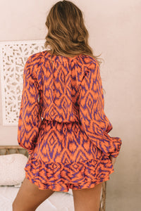 Orange Aztec Bubble Sleeve High Waist Romper | Bottoms/Jumpsuits & Rompers