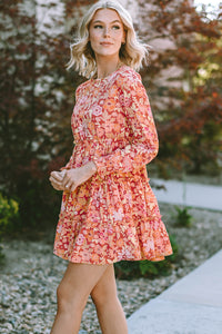 Printed Floral Long Sleeve Frill Tiered Mini Dress