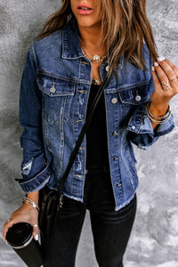 Blue Lapel Distressed Raw Hem Buttons Denim Jacket | Outerwear/Denim jackets