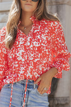 Load image into Gallery viewer, V-Neck Blouse | Fiery Red Floral Ruffled Notched
