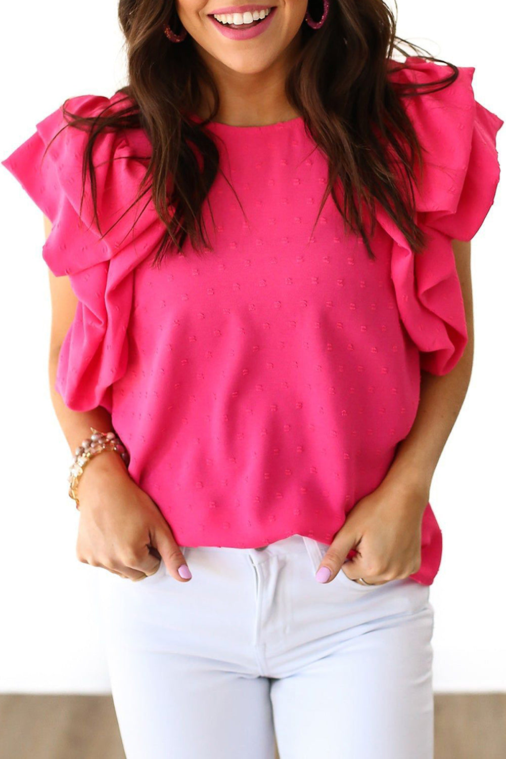 Swiss Dot Blouse | Rose Red Ruffled Sleeve Top