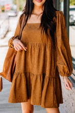 Load image into Gallery viewer, Chestnut Square Neck Puff Sleeve Tiered Corduroy Mini Dress
