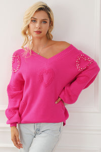 Rose Red Fuzzy Hearts V Neck Sweater