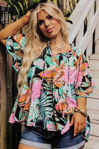 Ruffled Sleeve Top | Black Plus Tropical Print Blouse