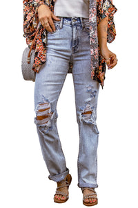 Sky Blue Acid Wash Sheath Straight Leg Distressed Jeans | Bottoms/Jeans