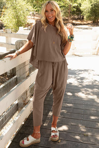 Crop Pants Set | Taupe High Low Boxy Fit Tee and Pants