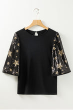 Load image into Gallery viewer, Sequin Top | Black Star Splicing Half Sleeve Top
