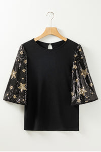 Sequin Top | Black Star Splicing Half Sleeve Top