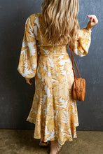 Load image into Gallery viewer, Floral Print Dress | Yellow V Neck Lace Up Bubble Sleeves
