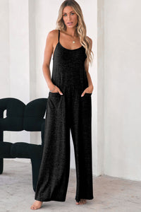 Jumpsuit | Black Patch Pockets Spaghetti Strap Wide Leg