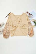 Load image into Gallery viewer, Waffle Knit Top | Apricot Sequin Patchwork Sleeve Open Back
