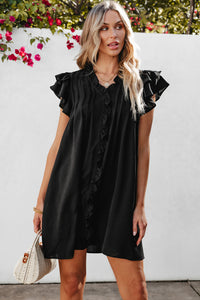 Black Ruffle Sleeve V Neck Frilled Shift Dress | Dresses/Mini Dresses