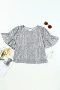 Gray Ruffled Sleeves Sequin Blouse | Tops/Blouses & Shirts