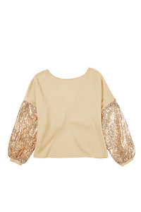 Waffle Knit Top | Apricot Sequin Patchwork Sleeve Open Back