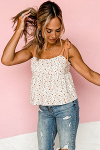 White Tied Shoulder Floral Print Babydoll Tank | Tops/Tank Tops