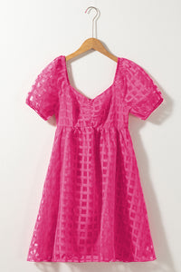 Strawberry Pink Checkered Puff Sleeve Babydoll Dress | Dresses/Mini Dresses