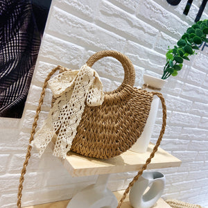 Fashion Accessory Handbag-Drawstring Straw Braided Crossbody Bag